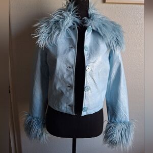 Brand New Urban Outfitters Faux Leather Baby blue jacket with Faux fur xs